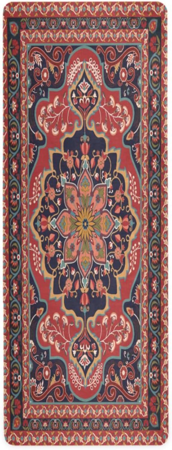 Kigai Yoga Mat Red Persian Design Fitness Mat Eco-Friendly Non Slip Portable Foldable Floor Workouts Mat for Pilates Home Gym Exercise Beach 70.8x26 inch