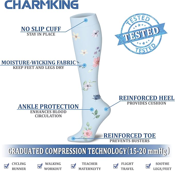 CHARMKING Compression Socks for Women & Men Circulation (8 Pairs) 15-20 mmHg is Best Support for Athletic Running,Hiking