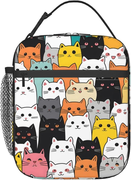 Colorful Cartoon Cat Insulated Lunch Box, Reusable Thermal Lunchbox with Cute and Playful Kitten, Portable Handbags for Office, Beach, Camping, Road Trip, Hiking, Gifts for Pet Lovers