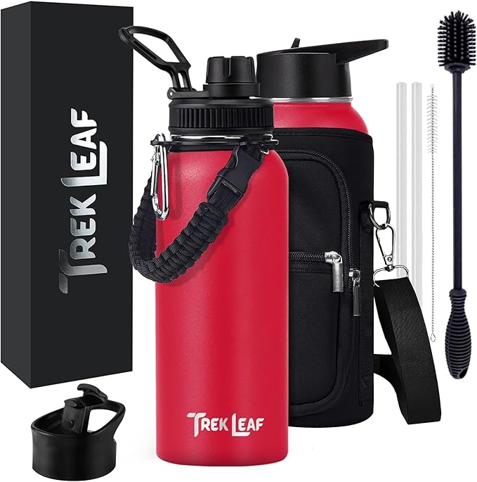 Travel Water Bottle with Carrying Bag, 3 Lids (Spout, Straw, Flip), and Bottle Brush; Leak Proof, Quality, Vacuum Insulated, Stainless Steel (Red, 32 oz)