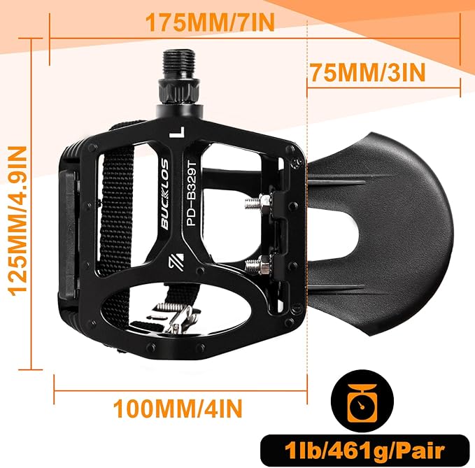 Bucklos Bike Pedals with Toe Cages and Straps - Bicycle Toe Clips Cage Compatible with Road Bike/Peloton/Mountian Bikes/MTB - Toe Clip Pedal for Wide Shoes Indoor Outdoor Cycling