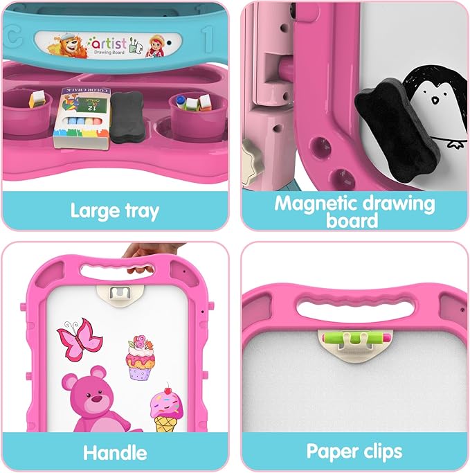 Amagoing Easel for Kids, Adjustable Standing Art Easel for Toddler, Double Chalk Drawing Board with Painting Accessories, Birthday Christmas Gift for Girls 3 4 5 Years Old