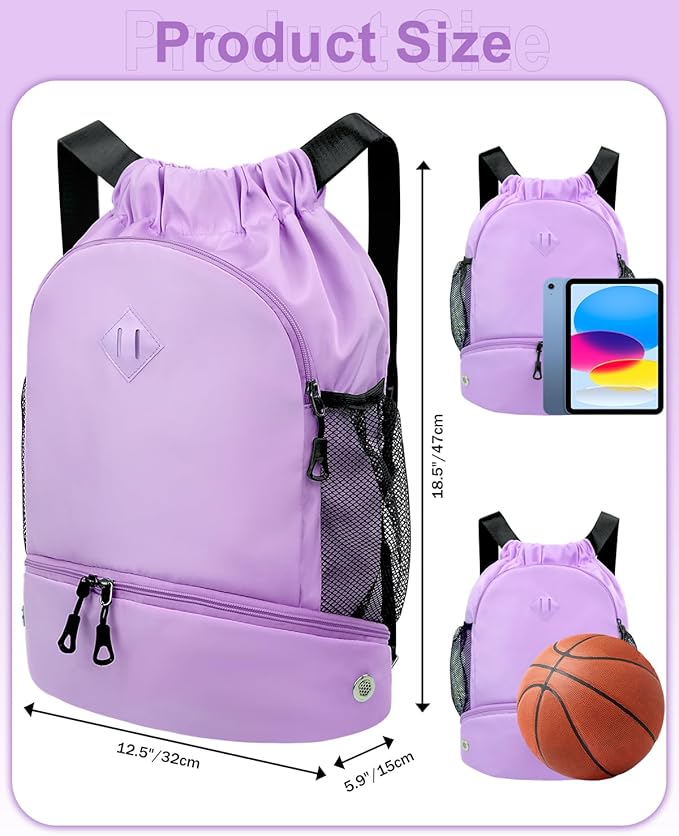 Drawstring Backpack Gym Backpack with Shoe Compartment for Men Women String Sports Bag with Wet Pocket Cinch Swim Beach Bag, Purple (Patent Pending)