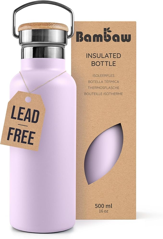 Bambaw Insulated Water Bottle 16 oz, Lavender Water Bottle Stainless Steel, Metal Water Bottle for Travel, Hot Water Bottle, Stainless Steel Water Bottle – Lavender Haze