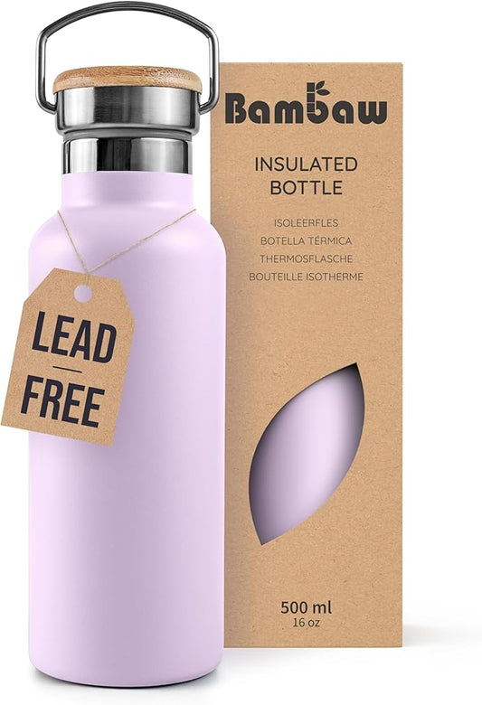Bambaw Insulated Water Bottle 16 oz, Lavender Water Bottle Stainless Steel, Metal Water Bottle for Travel, Hot Water Bottle, Stainless Steel Water Bottle – Lavender Haze