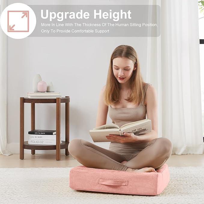 2 Pcs High Density Foam Floor Pillow - Upgraded Large Pillows Seating for Adults - Outdoor Floor Cushion with Soft Tufted Cover - Yoga Pillows for Sitting On Floor - 22 Inch Pink
