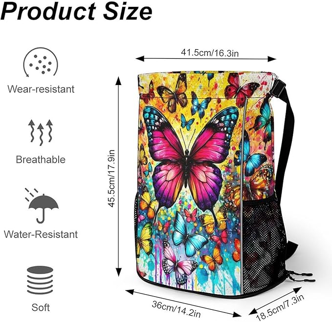 Butterfly Drawstring Backpack - Cute Cinch Sack, String Backpacks with Pocket for Kids Boys Girls Women Men for Gym Outdoor Sports Travel Athletic Drawstring Bag - Lightweight/Foldable