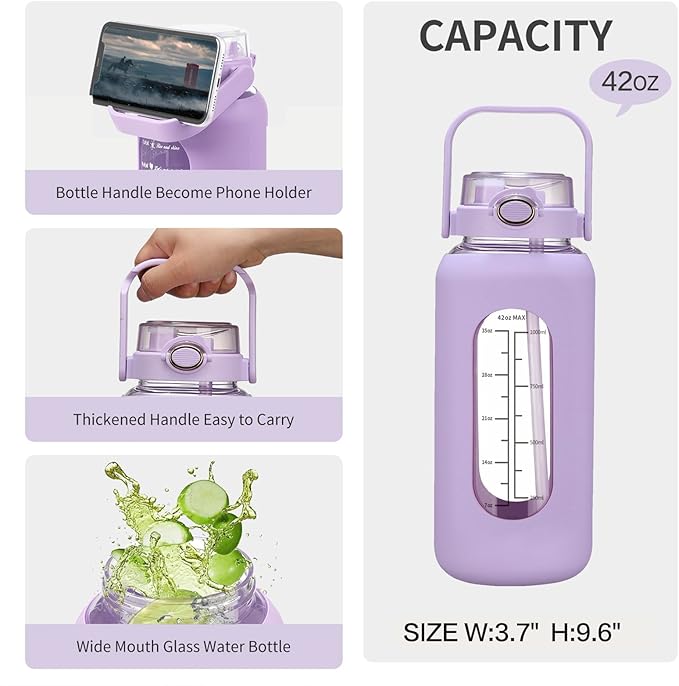42oz/52oz/64oz Glass Water Bolttles with Straw Half Gallon Large Motivational Water Bottle with Time Marker Sports Water Bottles with Silicone Sleeve and Handle Lid Water Jug for Gym Workout