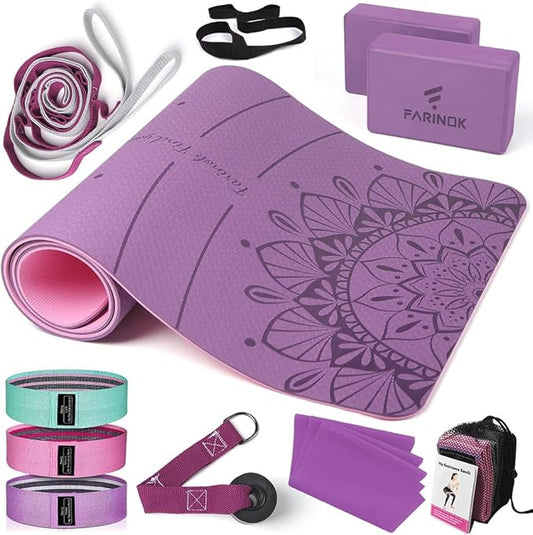 1/3 Yoga Mat Thick, Yoga Set for Beginners Include High Density Mat with Multi-loops Strap, Blocks, Booty Resistance Band Set, Door Anchor, Carring Bag & Strap