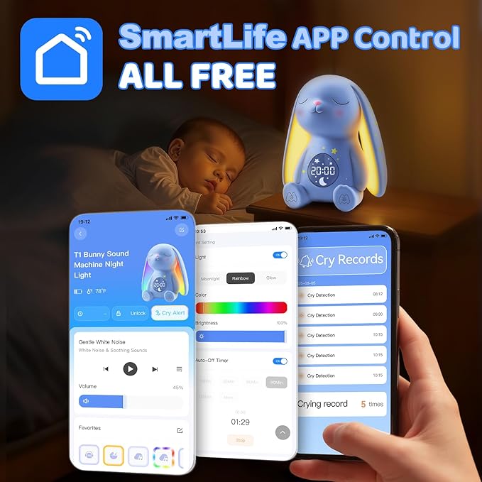 2025 Mom's Choice Awards | White Noise Sound Machine Baby - Cry Detection, Night Light, 100 Soothing Sounds, App Control, 150% Battery Life, 50% Faster Sleep, Newborn Essentials