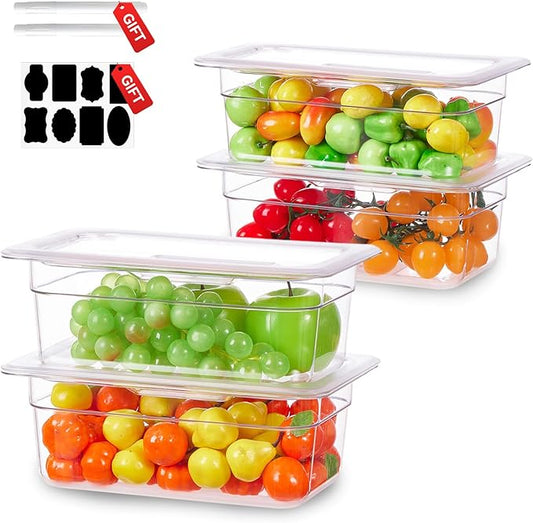 1/4 Size&4 Inch Commercial Food Pan with Lids-[NSF Certified][Hot&Cold Resistant] 4PCS Clear Restaurant Food Storage Containers with Lids, Topping Salad Bar Container (BPA-FREE)