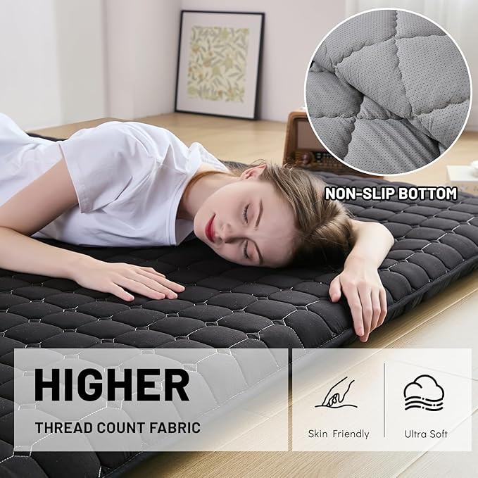 Japanese Floor Mattress Full, Anti-Slip Japanese Futon Foldable Tatami Mat for Guests, Black