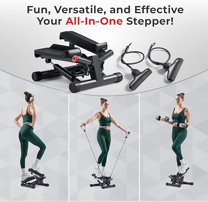 Sunny Health & Fitness Mini Stepper for Exercise at Home, Stair Step Workout Machine with Resistance Band and Over 300lb Weight Capacity, Optional Twist Motion and Free SunnyFit App Connection