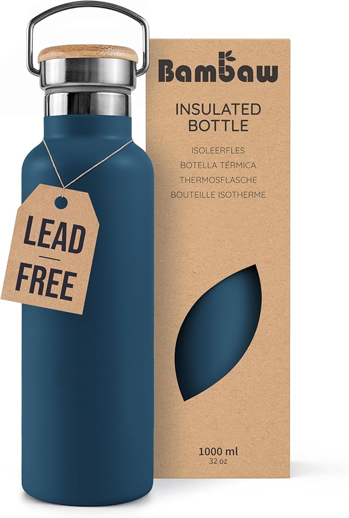 Bambaw Insulated Water Bottle 32 oz, Blue Water Bottle Stainless Steel, Reusable Water Bottle, BPA Free Water Bottle, Big Water Bottle 32oz, Cold and Hot Water Bottle – Aegean Blue