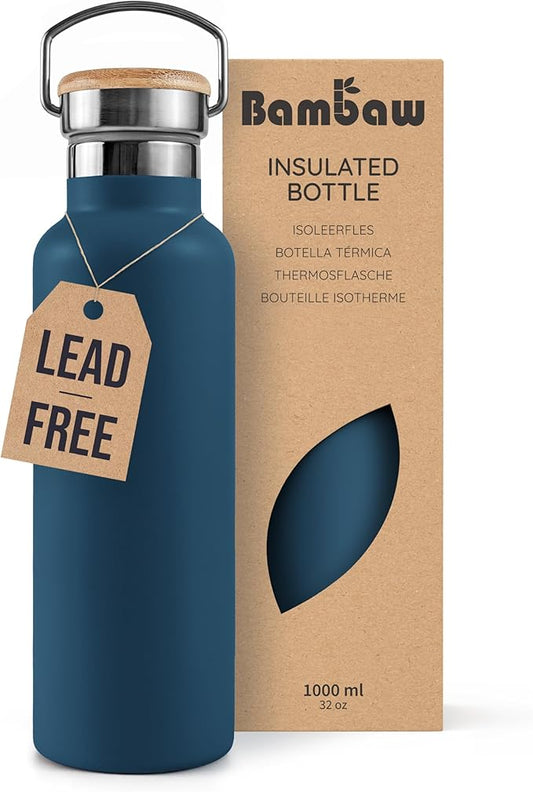 Bambaw Insulated Water Bottle 32 oz, Blue Water Bottle Stainless Steel, Reusable Water Bottle, BPA Free Water Bottle, Big Water Bottle 32oz, Cold and Hot Water Bottle – Aegean Blue