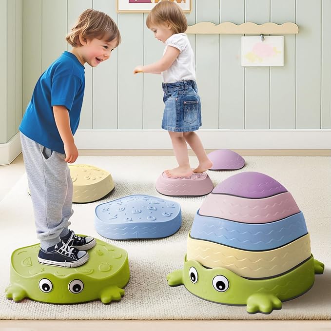 Pastel Stepping Stones for Kids, Non-Slip Sensory Balance Toys – Indoor/Outdoor Obstacle Course Set to Develop Coordination Motor Skills, Durable Rubber Plastic Toddler Fitness Game,Age 3+