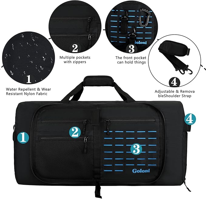 Foldable Travel Duffle Bag,Duffle Bag with Shoes Compartment and Adjustable Strap,Large Packable Travel Bags for Men Women,Waterproof Duffel Bag