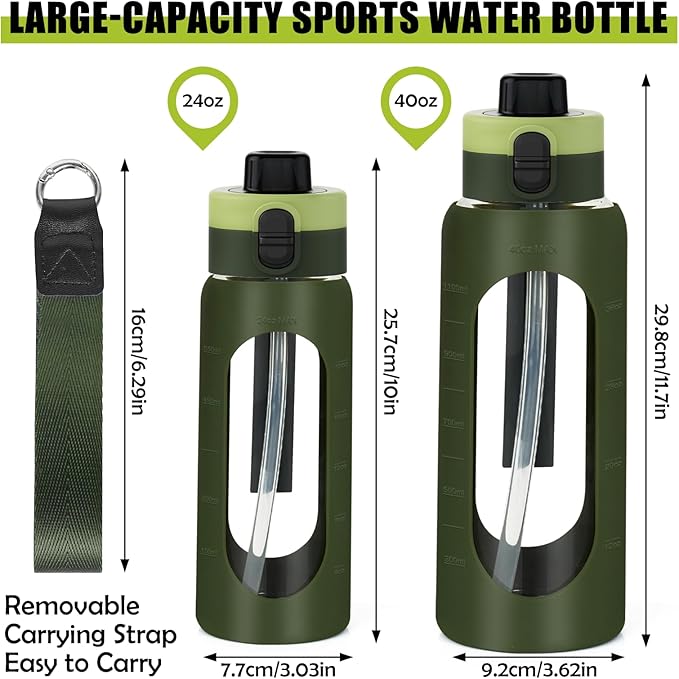 ANOTION 40OZ Glass Water Bottle, Large Sports Water Bottle with Dual-Drink Lid Clear Leakproof Glass Bottles with Straw, Motivational Jug with Silicone Sleeve and Time Marker for Travel Gym-Green