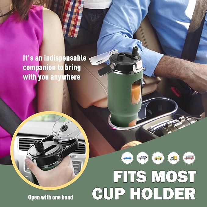 BLUEGO 40 oz Glass Water Bottles with Straw Time Marker, Glass Tumbler with Handle Top Lids, Easy to Clean, Fits in Car Cup Holder, Leakproof Jug for Gym, Sports, Workout & Daily, Olive