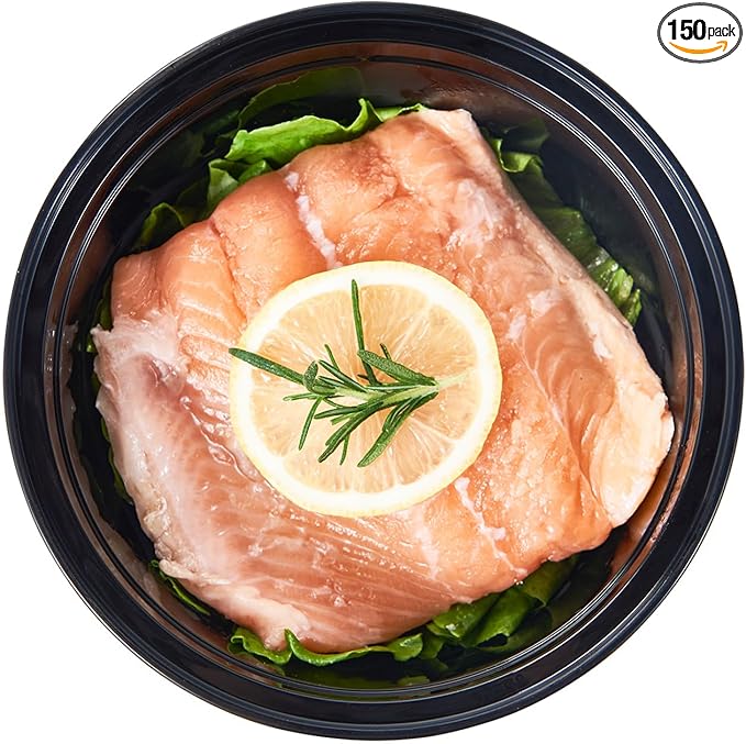 FULING 32 oz 150 ct Round Meal Prep Containers with Lids Plastic Food Storage Lunch Plan To Go Box Disposable Take Out Bowls Black BPA Free Reusable Durable Stackable Microwave Freezer Dishwasher Safe