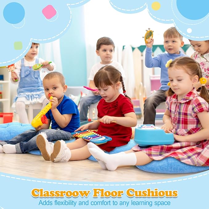 Fumete 8 Pcs 16 Inch Round Floor Cushions for Kids and Toddlers, Flexible Seating Classroom Furniture Floor Pillow for Home, Daycare, Preschool, Yoga and Meditation (Sky Blue)