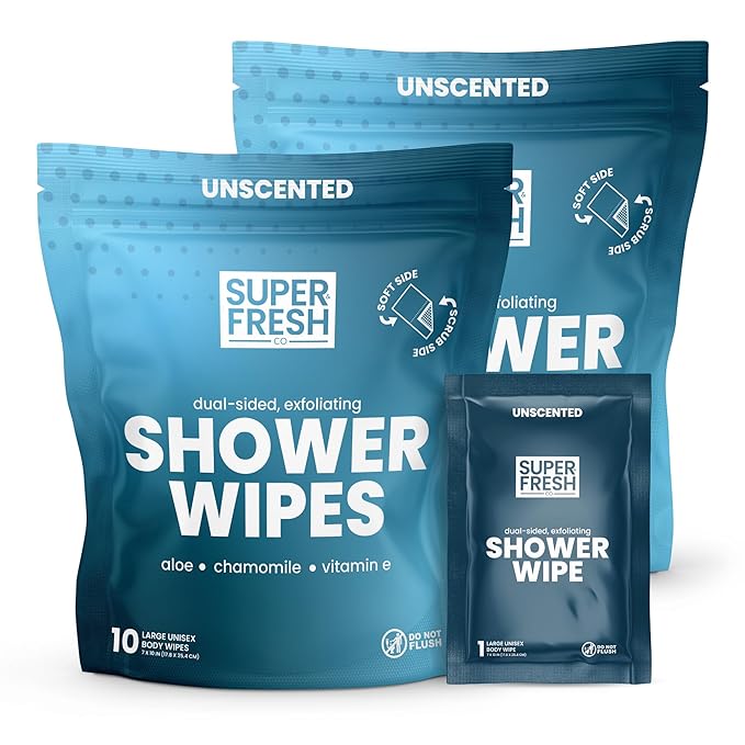 Super Fresh Shower Wipes Large Unscented Body Wipes for No Rinse Bathing Personal Hygiene Gym Travel or Camping Enriched with Aloe and Vitamin E 20 Individually Wrapped Disposable Sheets