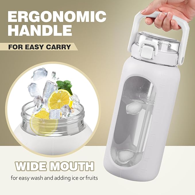 BLUEGO 64oz Glass Water Bottle with Handle and Straw, Motivational Sports Water Bottle with Time Marker and Silicone Sleeve Leakproof Drinking Bottle for Travel Gym Workout, White