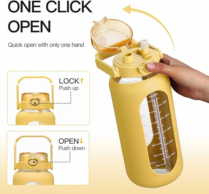 42oz/52oz/64oz Glass Water Bolttles with Straw Half Gallon Large Motivational Water Bottle with Time Marker Sports Water Bottles with Silicone Sleeve and Handle Lid Water Jug for Gym Workout