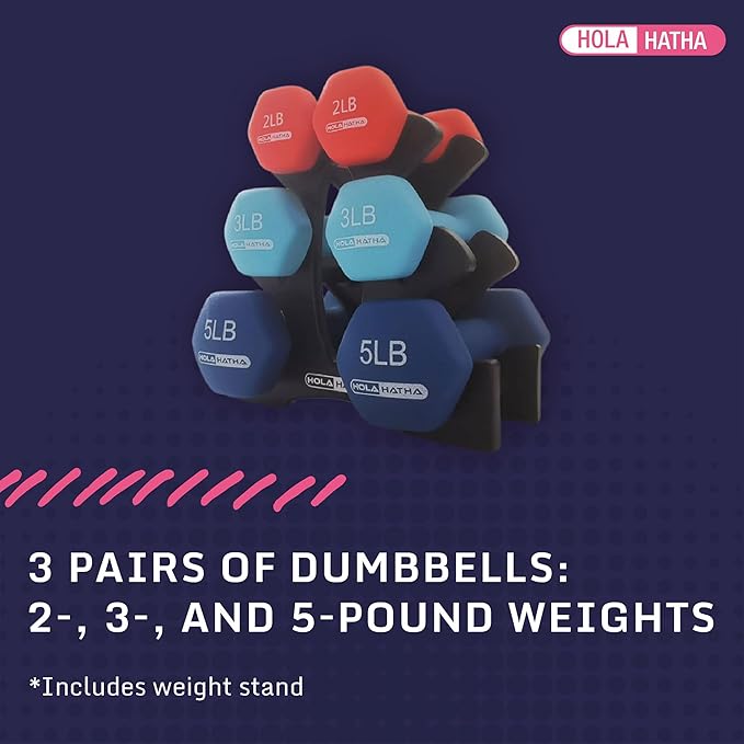 HolaHatha 2, 3, 5, 8, and 10 Pound Neoprene Dumbbell Free Hand Weight Set with Rack, Ideal for Home Exercises to Gain Tone and Definition, Pastel
