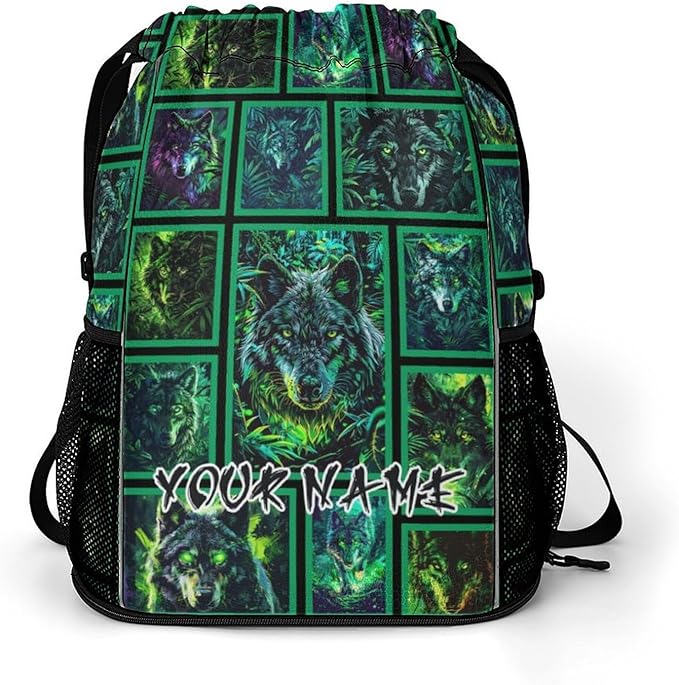 Custom Wolf Drawstring Backpack - Cute Cinch Sack, String Backpacks with Pocket for Women Men Kids Boys Girls for Gym Outdoor Sports Travel Athletic Drawstring Bag - Lightweight/Foldable
