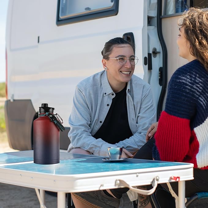 64 oz Insulated Water Bottle with Straw & Spout Lids, Stainless Steel Metal Half Gallon Water Jug with Paracord Handle, Double Wall Vacuum, Leakproof, Keep Drinks Cold & Hot, Ruby Purple Gradient