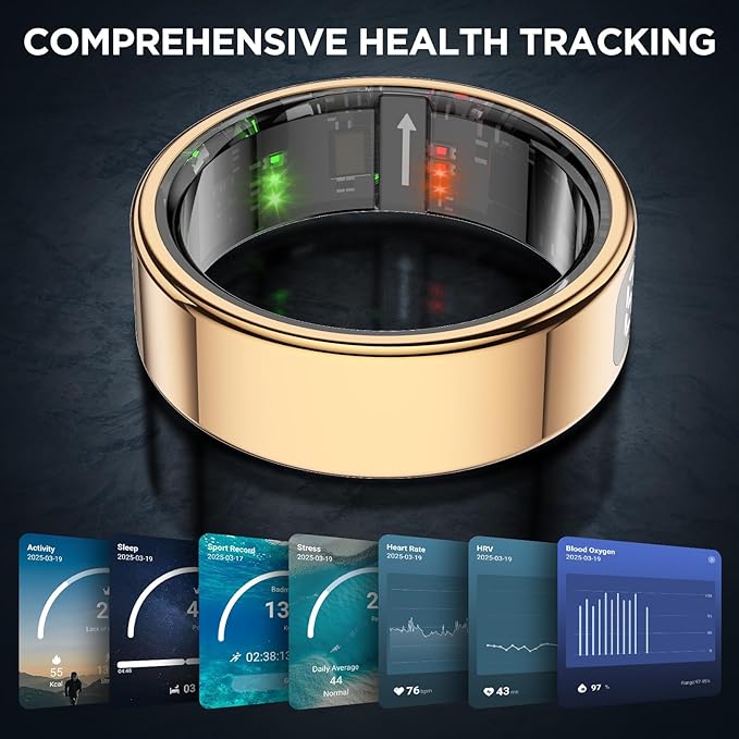 Smart Ring for Women with Display Screen, Sleep Ring for Men with Heart Rate, Fitness Tracker/Step tracker for Activity Monitoring/Steps/Calories,Wireless Charging, for iOS Android (RoseGold,10#)