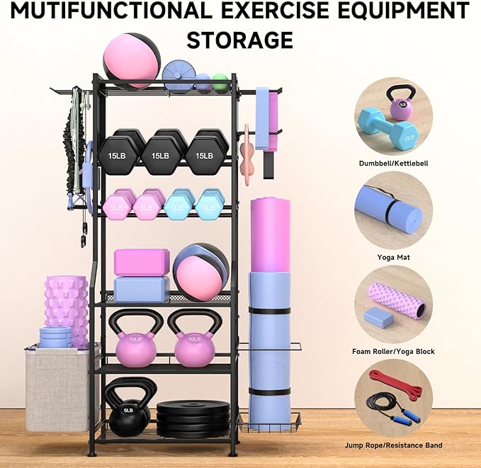 Dumbbell Rack, Home Gym Storage for Kettlebells, Yoga Mat & Strength Training Equipment, Weight Rack With Peg Board Organizer, Workout Gym Equipment Storage