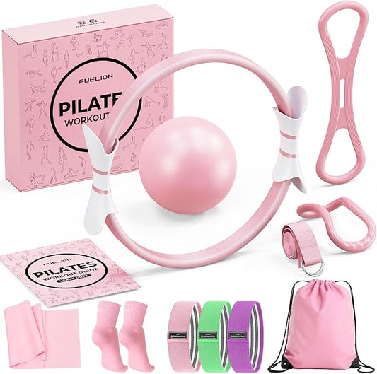 Pilates Ring Set for Women, Home Workout Pilates Equipment with Resistance Bands, 14'' Magic Circle, Mini Ball, Pilates Starter Kit for Strength, Toning and Flexibility, Workout Guide Included