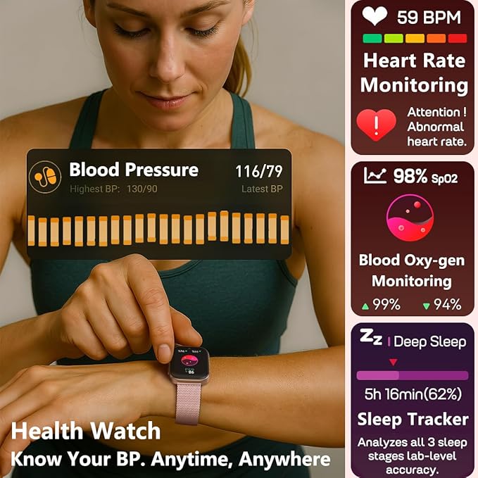 MorePro Health Fitness Tracker with 24/7 Heart Rate/Blood Pressure Monitor, Blood Oxy-gen/Sleep Tracking, 120+ Sports Activity Tracker, Smart Watch (Make/Answer Call) with Step Counter for Women Men