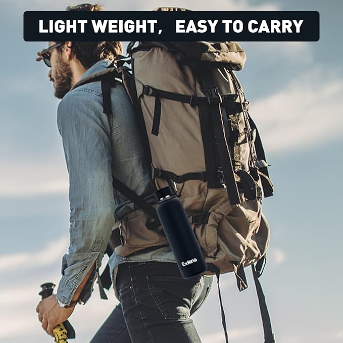 Slim Insulated Water Bottles for Travel 18oz with Clip, Double Wall Vacuum Stainless Steel Water Bottle Keeps Drinks Cold 24 Hrs/Hot 12 Hrs, 100% Leakproof, BPA Free(Black)