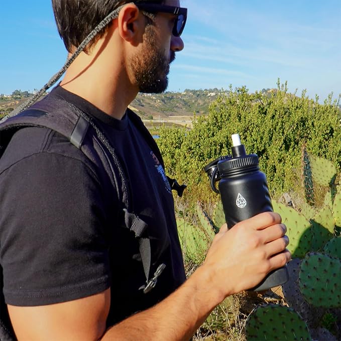 32oz Stainless Steel Insulated Water Bottle, 48H Cold & 24H Hot, Leak-Proof Wide Mouth Lids (Straw & Spout), BPA-Free Bottles, Mens Water Bottle for Gym, Hiking, Travel - Black