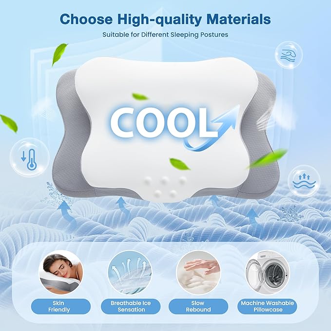 Cervical Pillow for Neck Pain Relief, Cooling Contour Memory Foam Pillows Support Odorless Ergonomic Neck Pillow Adjustable Orthopedic Bed Pillow for Side Back Stomach Sleeper with Pillowcase