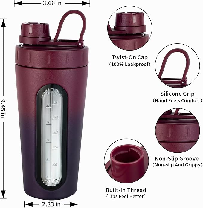 TOOFEEL Shaker Bottles for Protein Mixes - 28 oz Stainless Steel Protein Shaker with 2 Shaker Balls, Not Stays Cold/Hot, Visible Window Metal Shaker Cups, Leakproof, BPA Free Bottle Shaker