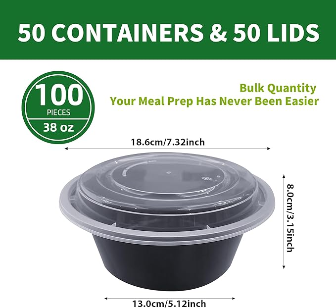 Round Meal Prep Containers with Lids, 50 Pack 38oz (100-Piece) Disposable Leakproof Take Out Food Storage Containers, Plastic To Go Lunch Boxes, BPA Free, Microwave/Dishwasher/Freezer Safe