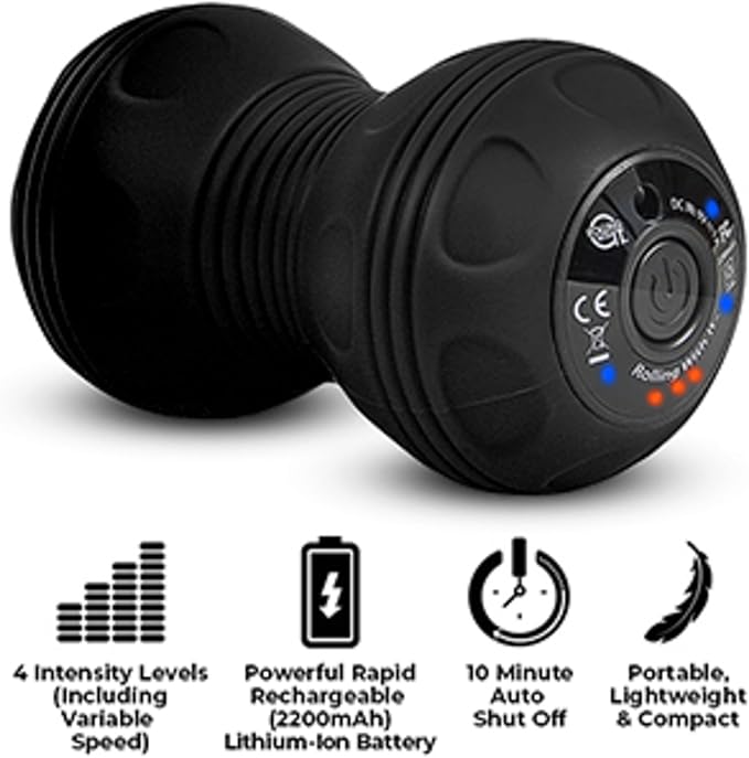 Vibrating Peanut Massage Ball - Deep Tissue Trigger Point Therapy, Myofascial Release - Handheld, Cordless - 4 Intensity Levels - Dual Lacrosse Ball Vibration Massager (Black)