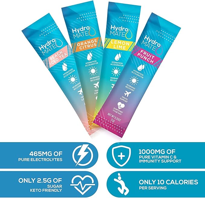 HydroMATE Electrolyte Powder Variety Pack Hydration Packets Low Sugar 30 Count