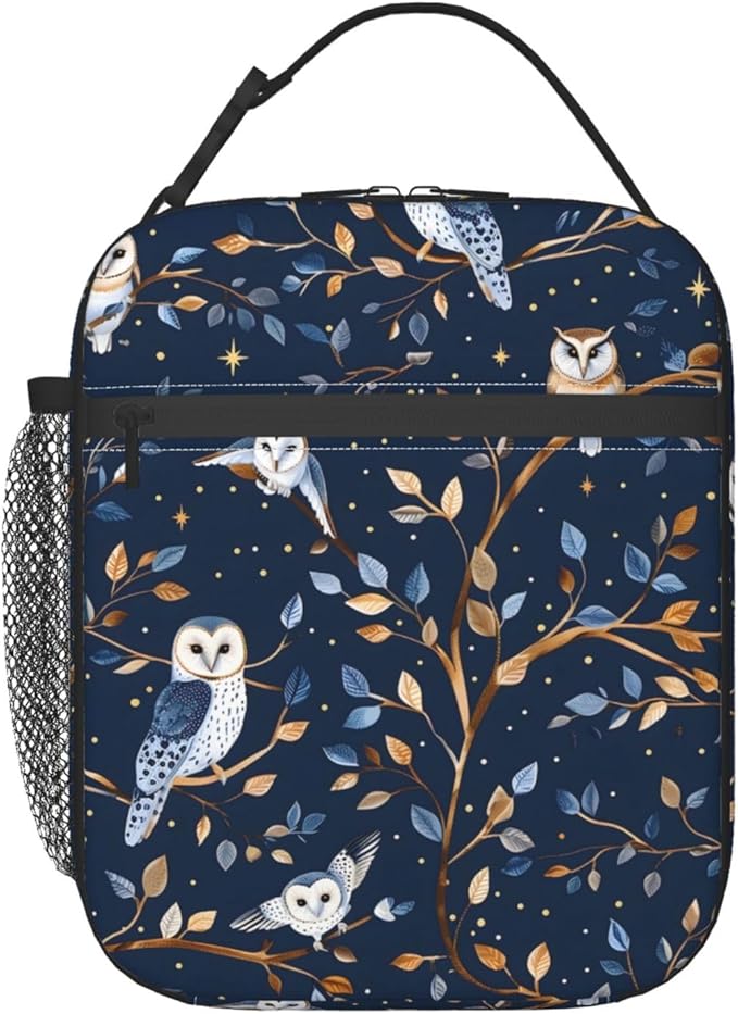 Cool Owl Lunch Box for Kids,Bird Insulated Bag for Student,Animal Reusable Thermal Insulation Cooler Tote Bags for School Work Picnic Camping Outdoor Gifts (Nighttime Owl Dark Blue)