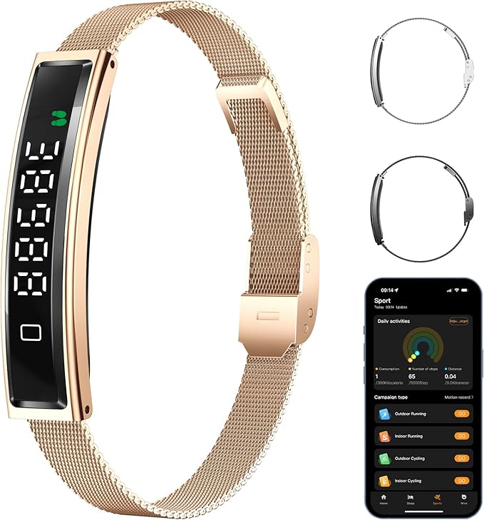 Smart Bracelet,Activity&Fitness Trackers,Touch Screen/Sleep Tracker/Heart Rate/Blood Oxygen,5ATM Waterproof,Multiple Sports Modes,Free App for iOS Android (Steel Belt, Rose Gold)