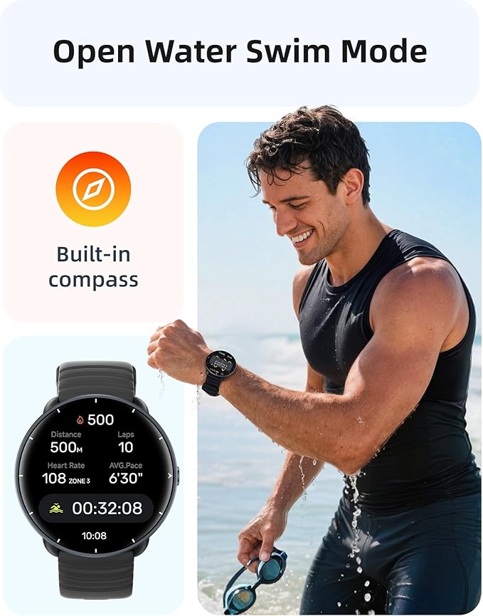 Parsonver Swimming Smart Watch, 5ATM Waterproof for Pool & Open Water, Built-in GPS & Compass, AMOLED Screen Fitness Tracker with 100+ Sports Modes, Heart Rate & Sleep Monitor, AI Swim Analysis, Black