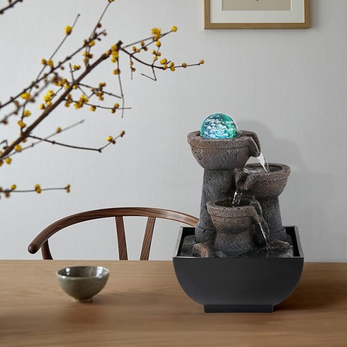 Dyna-Living Water Fountain Indoor Tabletop Water Fountains and Waterfalls Portable Desktop Fountain with Lights for Relaxation and Room Decor