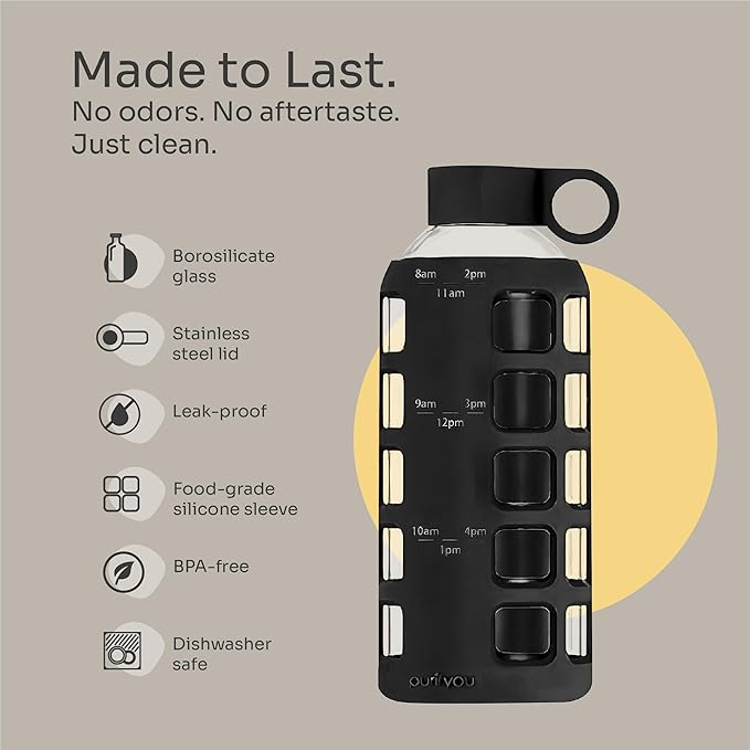 purifyou 40oz / 32oz / 22oz / 12oz Borosilicate Glass Water Bottle with Time & Volume Markers, Silicone Sleeve, Stainless Steel Lid | Reusable Glass Bottle for Water & Juice (22oz Jet Black)
