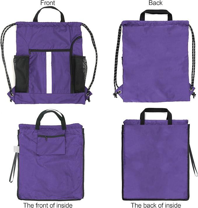 BeeGreen Purple String Bag Sack Gym Backpack with Shoe Compartment and Two Water Bottle Holder for Men Women Lightweight Durable Drawstring Cinch Sackpack