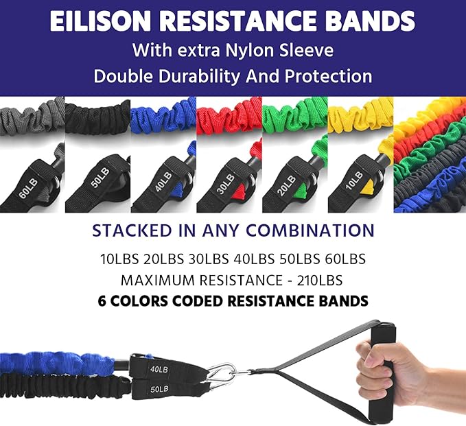 EILISON Resistance Band Kit with Heavy Duty Protective Sleeves for Safe Workout and Soft Anti-Slip Foam Handle, Door Anchor, Ankle Strap for Men and Women Stackable