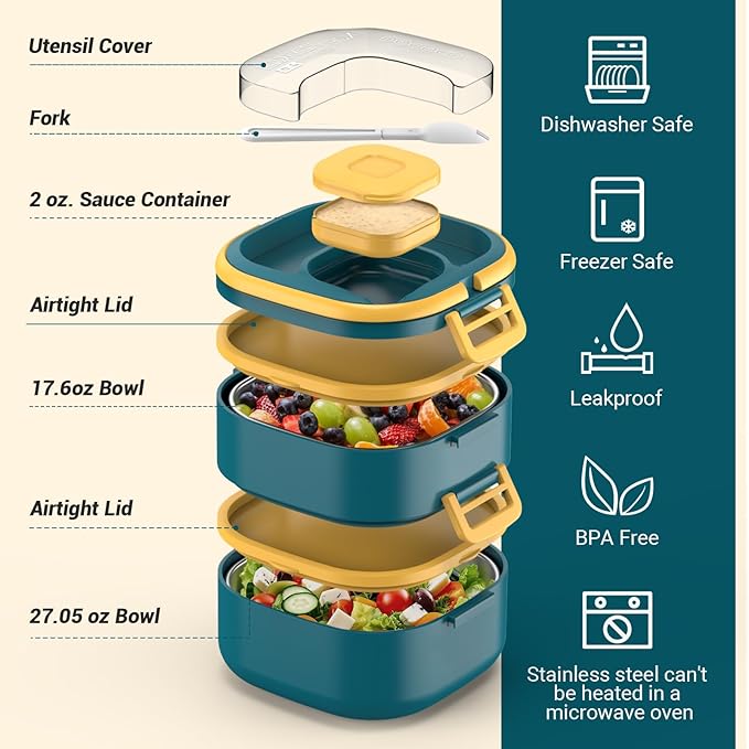 Double-Layer Bento Lunch Box for Kids & Adults with Removable Stainless Steel Dividers,Dressing Container,BPA-Free,Dishwasher Safe - Includes Utensil,(Blue,Non-Insulated)